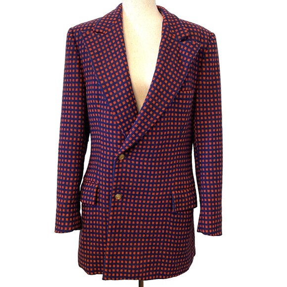 Vtg PIERRE CARDIN Wool Blazer Jacket Coat Tweed Red Blue Check Silk Gold Buttons